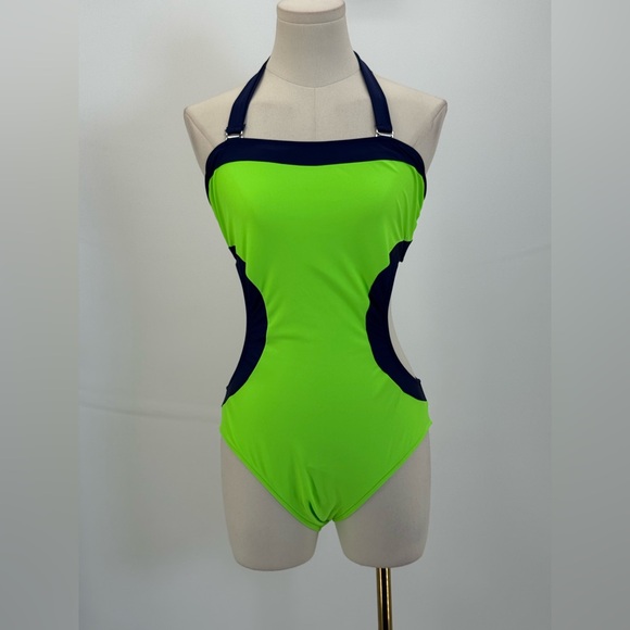 Venus Hill Cut Out Halter One Piece Swimsuit Green & Navy Blue Size 10 - Picture 1 of 10